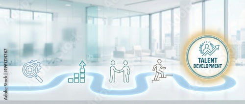 Talent Development, Career Path, Human Resources, Business Growth, Recruitment, Professional Success, Employee Training roadmap concept on a blurred modern corporate office background.