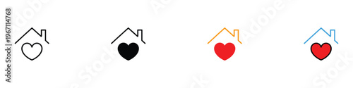 Home heart and residential love icon set. Real estate passion and family housing symbols in minimalist and colored styles. Vector Illustration.