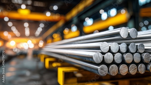 close up of a stack of steel round bars in an industrial factory warehouse for construction