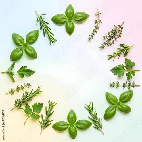 Fresh green herbs border frame with copy space for organic food branding minimal pastel background