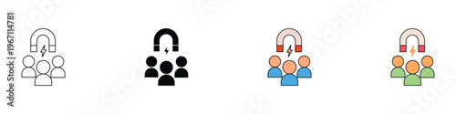 Customer retention and audience attraction marketing icon set. Magnet pulling people silhouettes for business loyalty and target engagement. Vector Illustration.