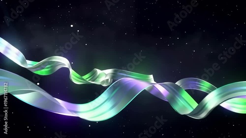 Abstract 3D flowing silk ribbons with ethereal aurora borealis patterns in glowing green, purple, and blue textures dancing within a dark starry void.