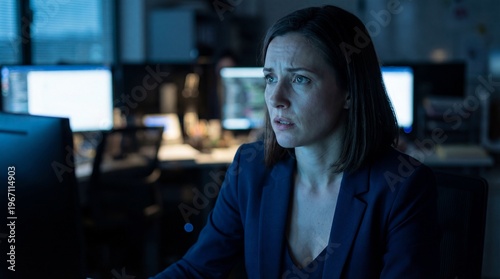 Concerned professional woman working late at computer in dark office photography
