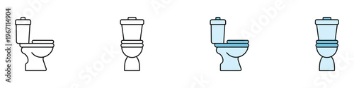 Ceramic toilet commode icon set for bathroom interior design. Modern sanitary ware and plumbing equipment symbols in multiple styles. Vector Illustration.