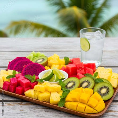 Refreshing fruit juice setup for summer drink promotion with tropical fruits and copy space bright lifestyle scene