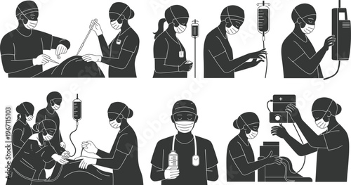 Medical team surgery vector illustration healthcare workers operating room doctors nurses treatment equipment hospital line art professional care