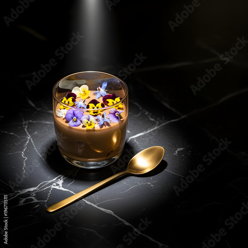 Luxury chocolate dessert presentation for fine dining branding with edible flowers elegant plating dark marble background