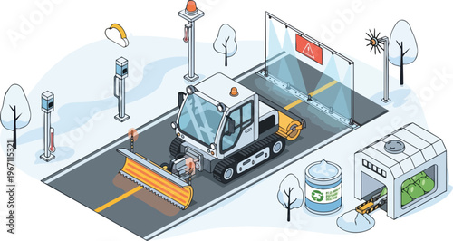 Automated Smart City Snow Removal Vehicle Isometric Illustration with Advanced Sensors and Eco-Friendly Infrastructure for Winter Road Maintenance