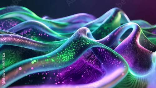 Abstract 3D undulating waves of neon particles and glowing fiber optics creating a vibrant purple and green futuristic landscape in slow motion.