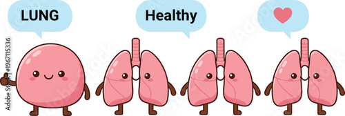 Vector illustration of cartoon lungs and character promoting healthy breathing with cheerful faces and positive symbols