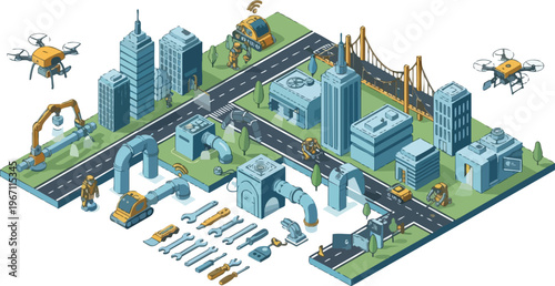 Isometric Smart City Construction and Robotic Maintenance Concept with Drones and Industrial Tools
