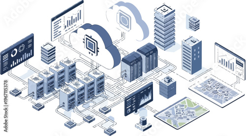 Cloud Computing Isometric Concept with Data Center Servers and Digital Network Infrastructure Visualization