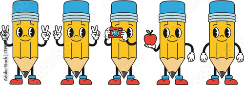 Vector illustration of cartoon pencils with smiling faces, gloves, shoes, and playful actions in educational style