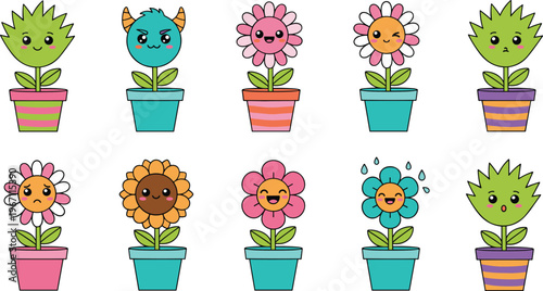 Vector illustration of cartoon potted plants with expressive faces, colorful pots, flowers, and leaves in playful style
