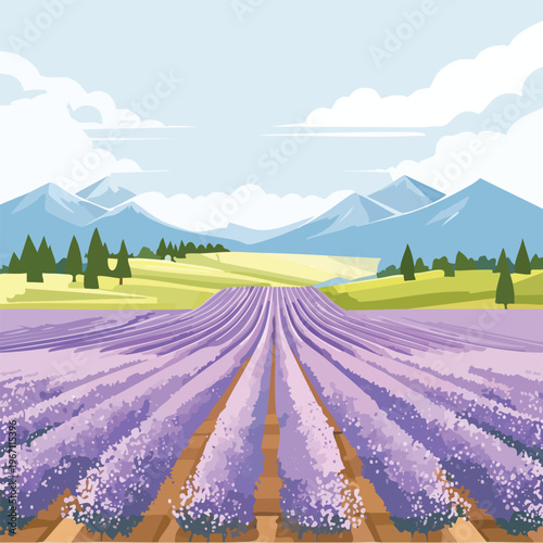 Cartoon lavender field with mountains and sky illustration