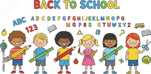 Vector illustration of children with school supplies and “Back to School” text surrounded by educational symbols and objects