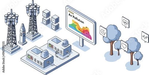 Isometric 3D Illustration of Smart City Air Pollution Monitoring System with Data Analysis Sensors, Telecommunication Towers, and Environmental Impact Icons
