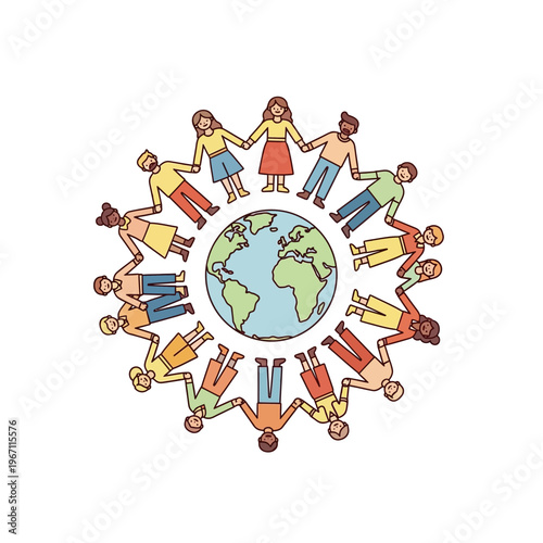Diverse people holding hands in a circle around the globe, symbolizing global unity and community.