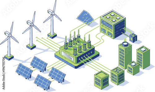 Isometric Smart Grid Infrastructure Concept with Renewable Energy, Wind Turbines, Solar Panels, and Sustainable City Architecture