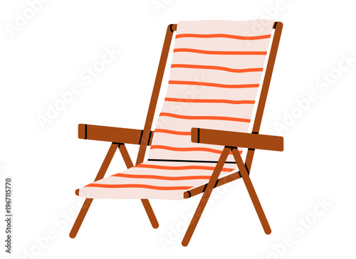 Hand drawn cute illustration beach chair. Flat vector striped lounge folding furniture doodle sticker. icon. Deck chair. Camping vacation or garden accessories. Summer vibes. Isolated.