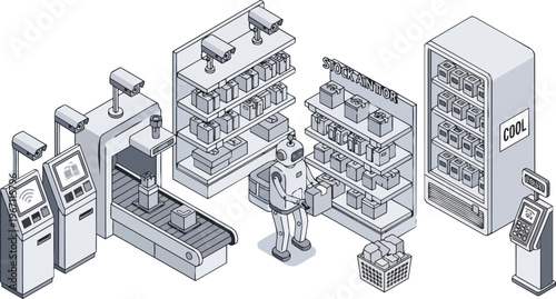 Automated Smart Retail Store Isometric Illustration with Robot Stocking Shelves, Conveyor Belt, Security Cameras, and Digital Checkout Kiosks