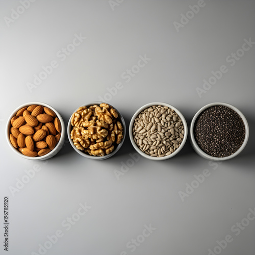 Assorted nuts selection for healthy snack concept with almonds walnuts chia seeds minimal composition clean background