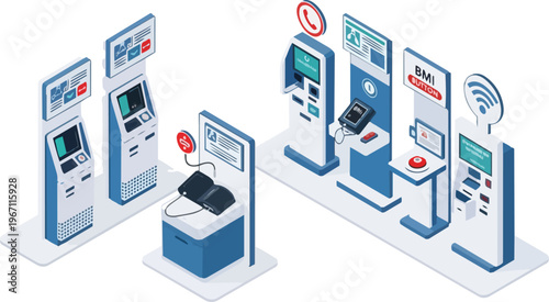 Isometric Smart Healthcare Kiosks and Automated Diagnostic Terminals Set for Digital Clinics and Telemedicine Services