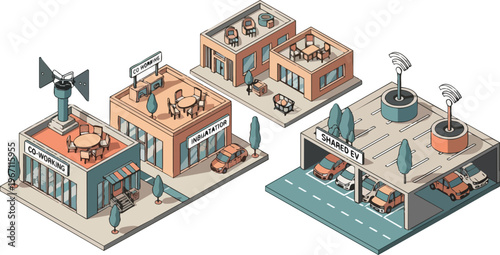 Modern Isometric Smart City Hub with Co-working Spaces, Shared EV Electric Vehicle Parking, and Sustainable Green Energy Infrastructure
