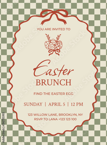 Template cute Easter invitation for a brunch or party, egg hunt. Happy Easter day. Ribbon bow frame. Vector doodle illustration in a coquette style. Checkered background.