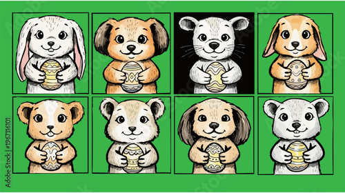 Cute Easter animals vector set, 8 cartoon baby animals holding decorated eggs, hand-drawn bunny and puppy characters for spring holiday cards