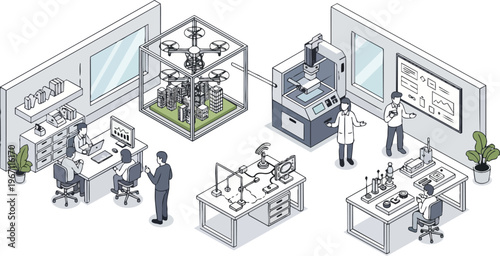 Isometric Technology Innovation Lab and Research Center Illustration with Engineers, Smart City Drone Testing, 3D Printing, and Collaborative Workspace Design