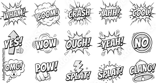 Vector illustration of comic sound effect words with dynamic bursts, explosions, and motion lines in pop art style