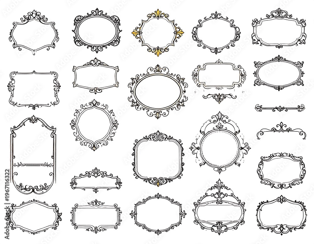 Obraz premium Various ornate frames and borders in black and white, some with gold accents on a white background