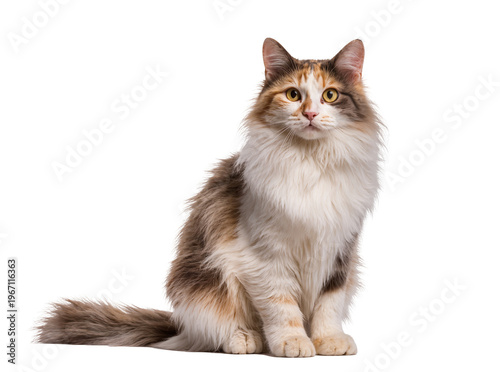 Fotografia Isolated adorable fluffy calico cat sitting calmly and looking at the camera with bright yellow eyes