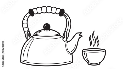 Teapot and steaming cup icon with a handle and lid, symbolizing hot beverage preparation and a warm drink.
