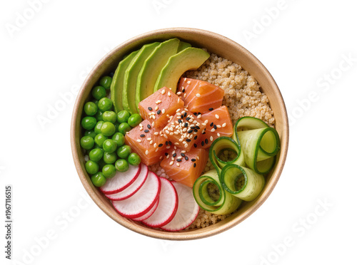 Obraz na plátně Isolated fresh salmon poke bowl with quinoa, avocado, peas, radish and cucumber