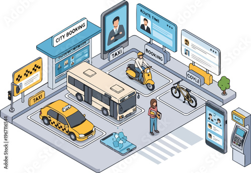 Smart City Mobility and Urban Transportation Booking Concept: Isometric Illustration Featuring Taxi, Bus, Scooter, Bicycle and Mobile App Interface for Modern Commuting Services