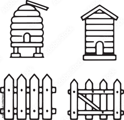 Black and white beehive dog house fences line rural