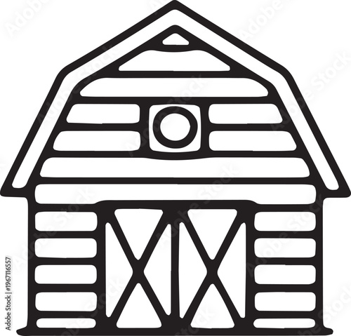 Black and white barn with gable roof and closed doors