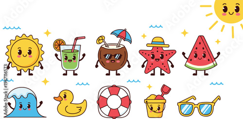 Vector illustration of cute summer cartoon objects including sun, drinks, starfish, watermelon and beach items