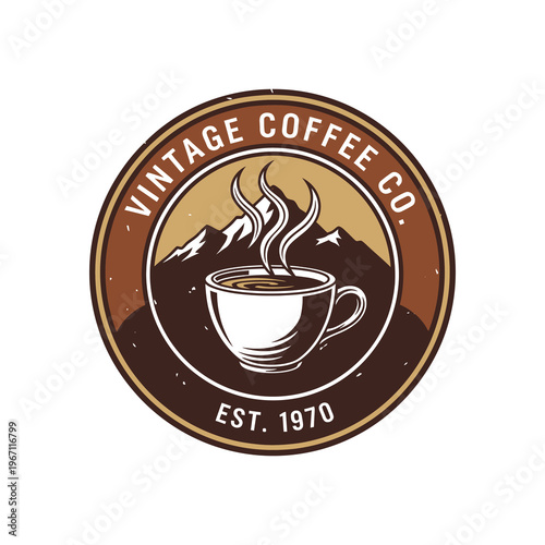 Vintage Coffee Co. Logo with Steaming Cup and Mountains.