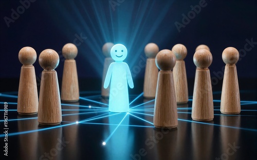 A glowing smiling figure stands out among wooden peers radiating