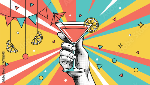 Vector illustration of hand holding cocktail glass with umbrella and lemon slice in colorful pop art festive style