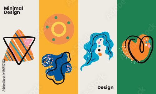 Minimalist abstract design elements with geometric shapes and fluid art on colorful gradient backgrounds for modern creative projects