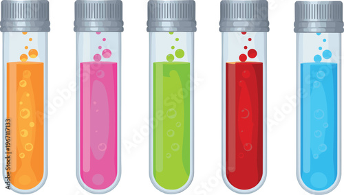 Vector illustration of laboratory test tubes with colorful chemical liquids and bubbles