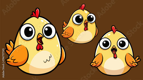 Cute cartoon chicken characters set, adorable yellow baby chicks with big eyes, funny farm bird vector illustrations for children book design