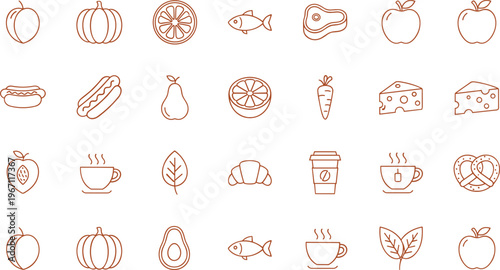 Vector illustration of minimalistic food and drink line icons including fruits, vegetables and beverages