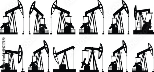 Oil pump jack silhouettes collection isolated on white background, petroleum industry equipment set for energy production and industrial design illustration