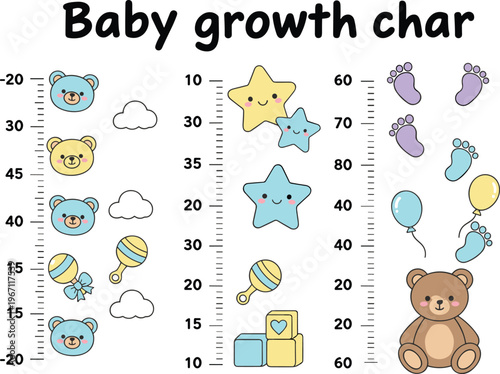 Vector illustration of playful baby growth chart with teddy bears, stars, balloons and measurement markings