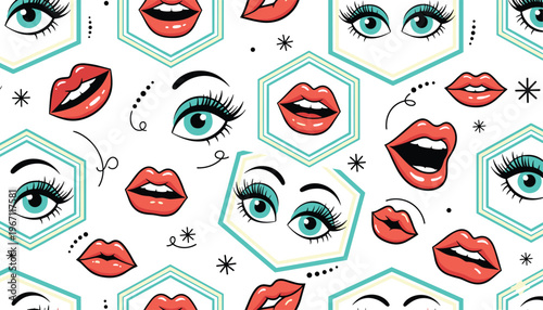 Vector illustration of pop art pattern with turquoise eyes and red lips in retro comic fashion style
